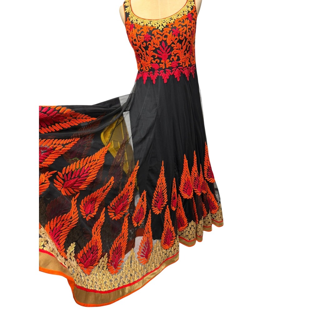 Benzer Black Anarkali Gown Orange Pink Floral Embroidery  Maxi Dress SZ S? FALL